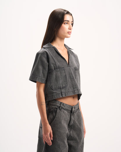 DARK GREY STRIPED DENIM POLO TOP