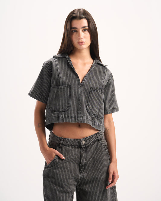 DARK GREY STRIPED DENIM POLO TOP