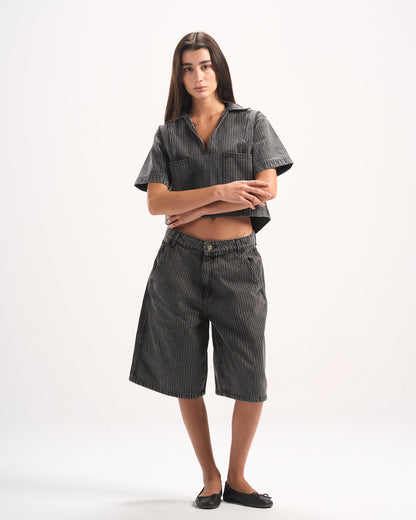 DARK GREY STRIPED DENIM POLO TOP