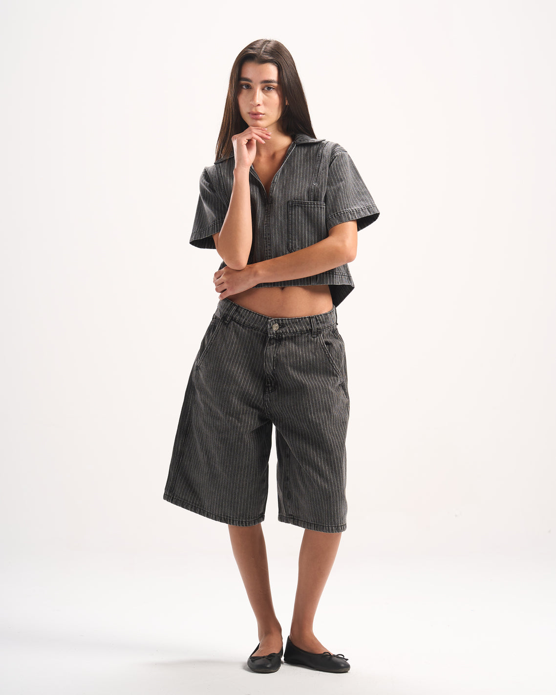 DARK GREY STRIPED DENIM POLO TOP