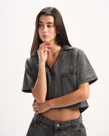 DARK GREY STRIPED DENIM POLO TOP