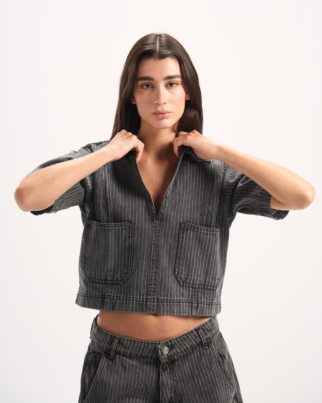 DARK GREY STRIPED DENIM POLO TOP