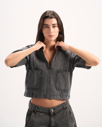 DARK GREY STRIPED DENIM POLO TOP