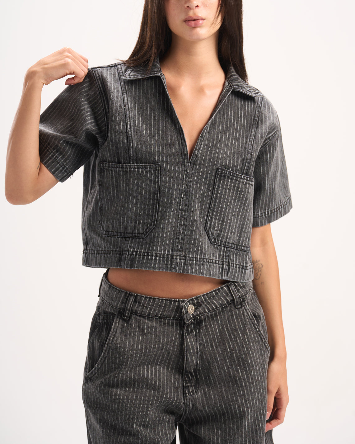 DARK GREY STRIPED DENIM POLO TOP