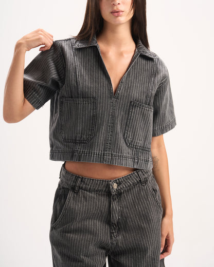 DARK GREY STRIPED DENIM POLO TOP