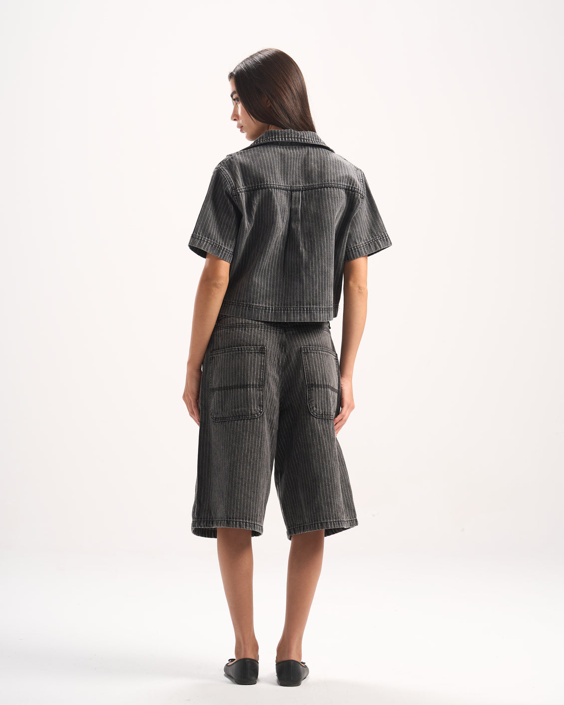 DARK GREY STRIPED DENIM POLO TOP