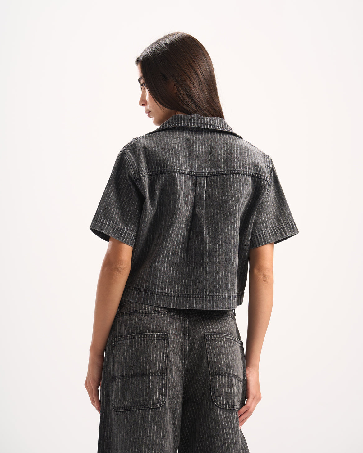 DARK GREY STRIPED DENIM POLO TOP