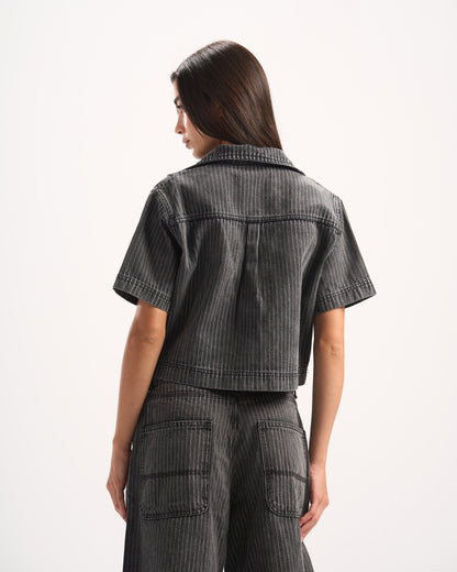 DARK GREY STRIPED DENIM POLO TOP