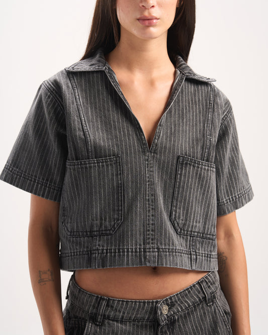 DARK GREY STRIPED DENIM POLO TOP