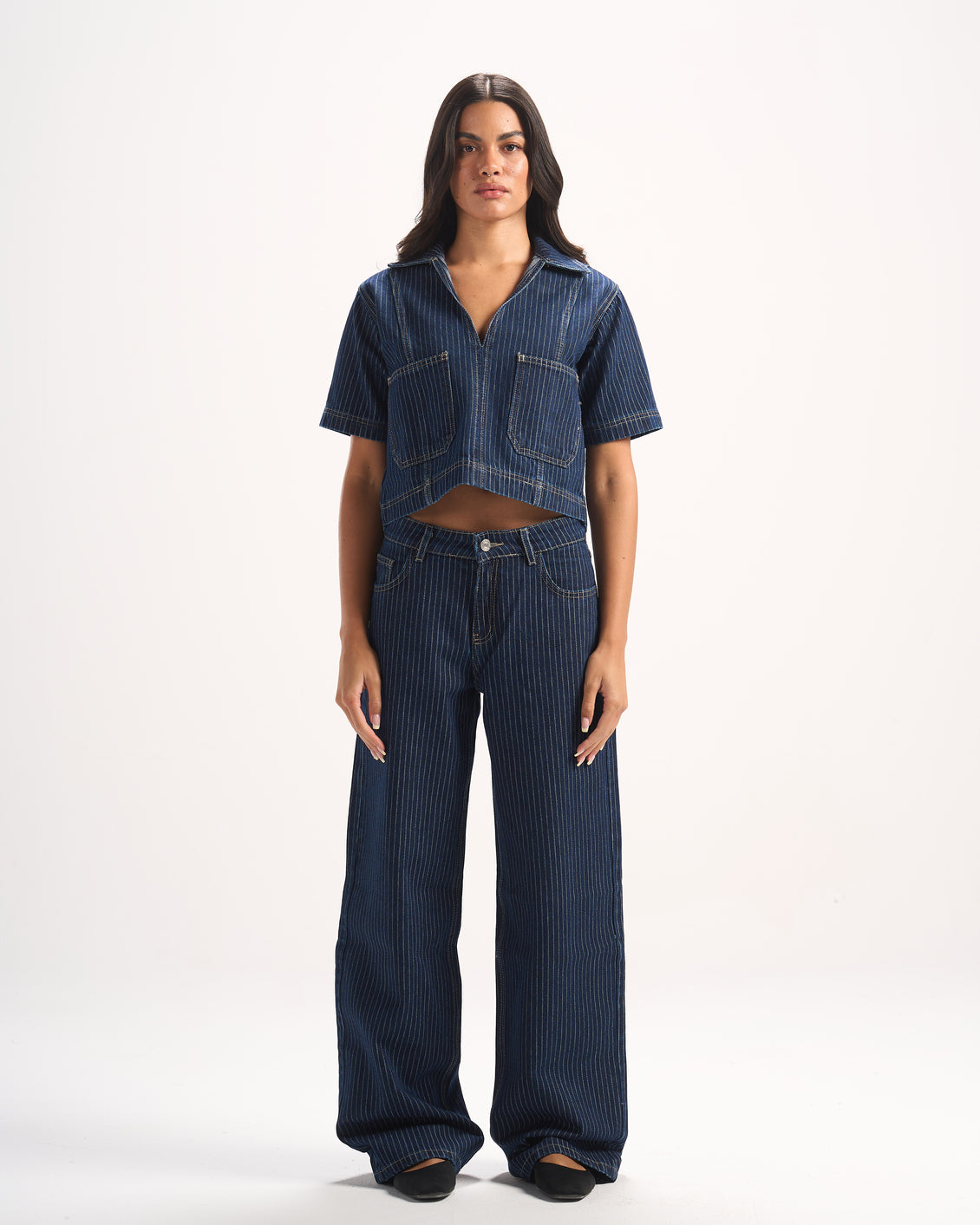 NAVY STRIPED DENIM POLO TOP