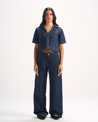 NAVY STRIPED DENIM POLO TOP