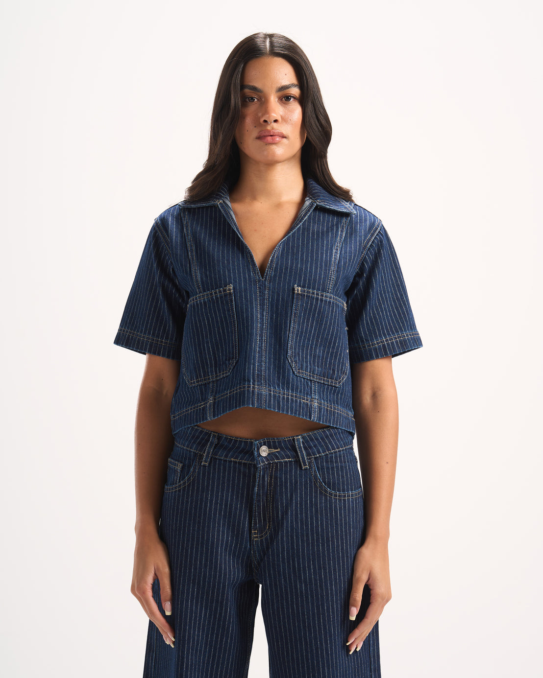 NAVY STRIPED DENIM POLO TOP