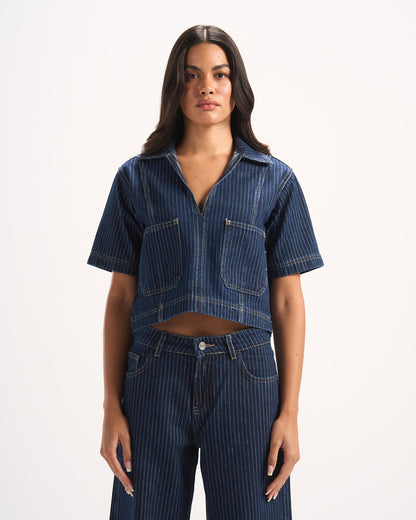 NAVY STRIPED DENIM POLO TOP