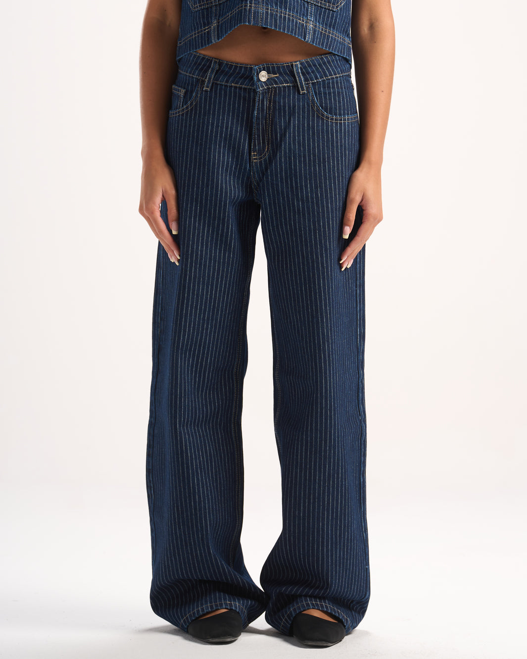 NAVY STRIPED DENIM PANTS