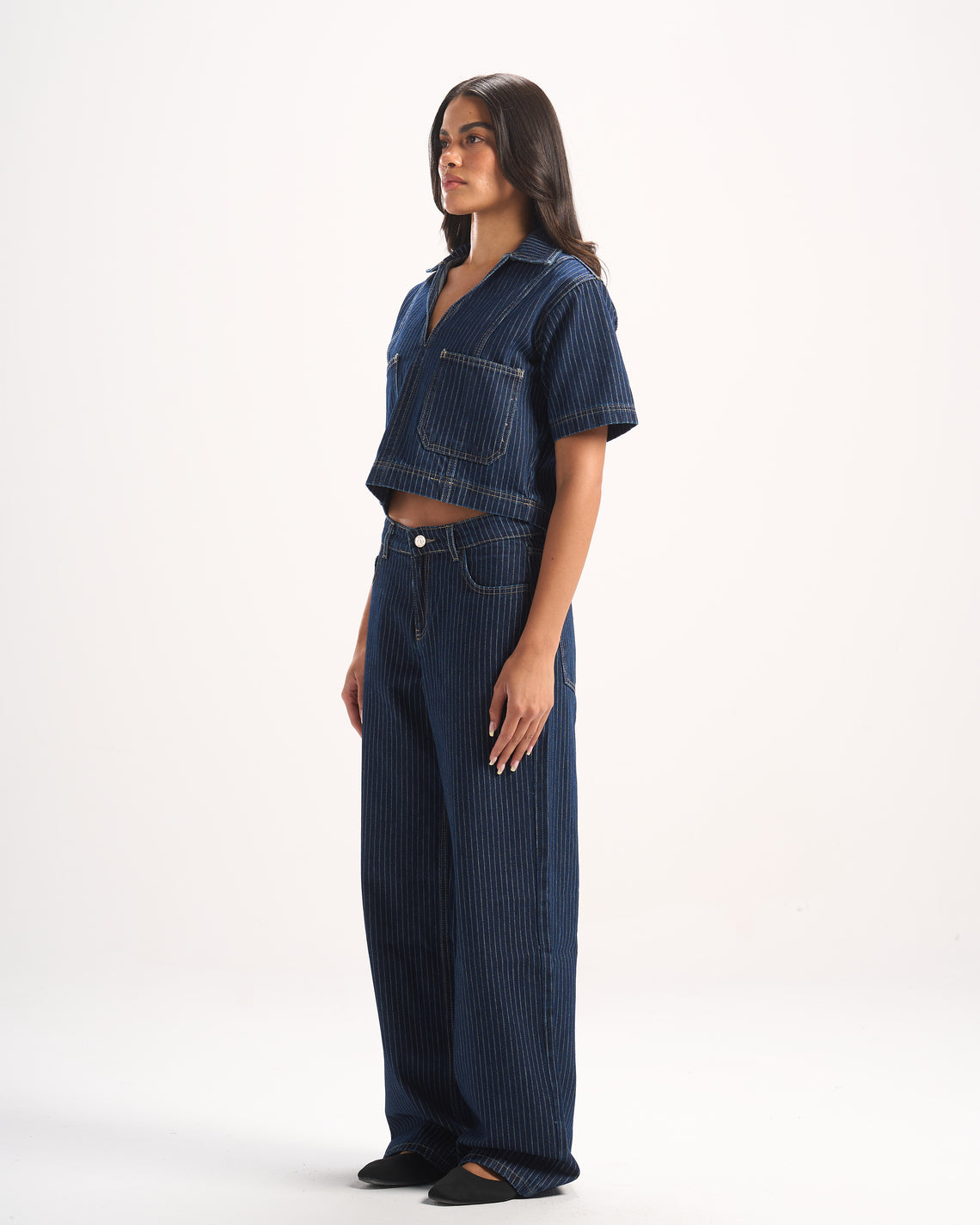 NAVY STRIPED DENIM POLO TOP