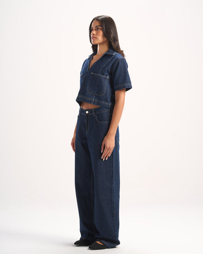 NAVY STRIPED DENIM POLO TOP