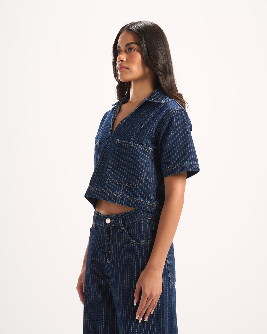 NAVY STRIPED DENIM POLO TOP