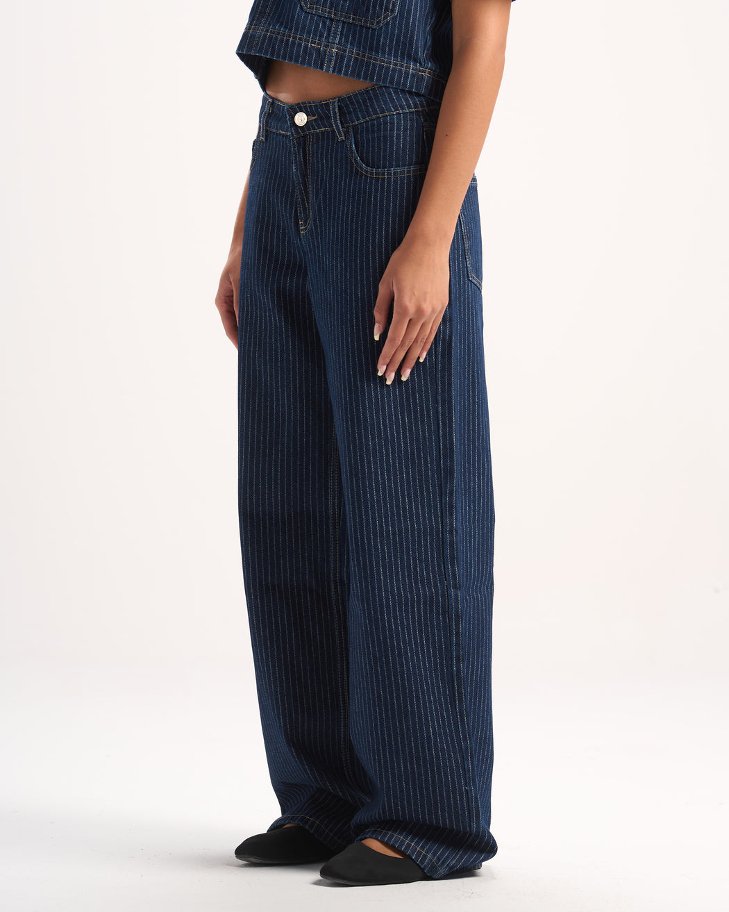 NAVY STRIPED DENIM PANTS