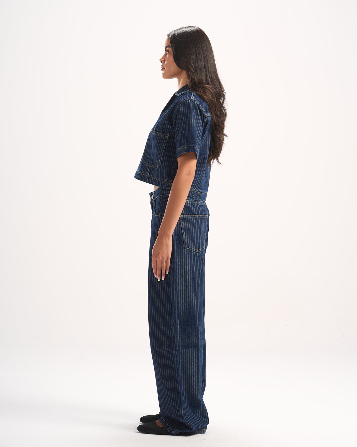 NAVY STRIPED DENIM POLO TOP