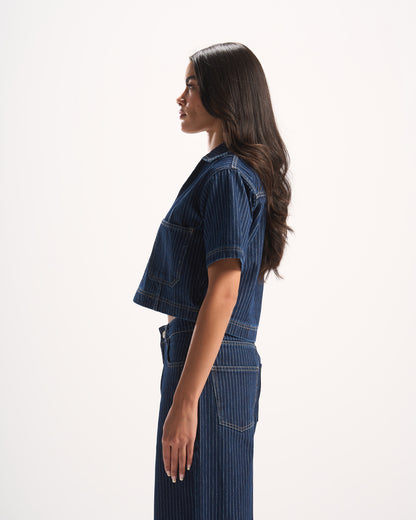 NAVY STRIPED DENIM POLO TOP