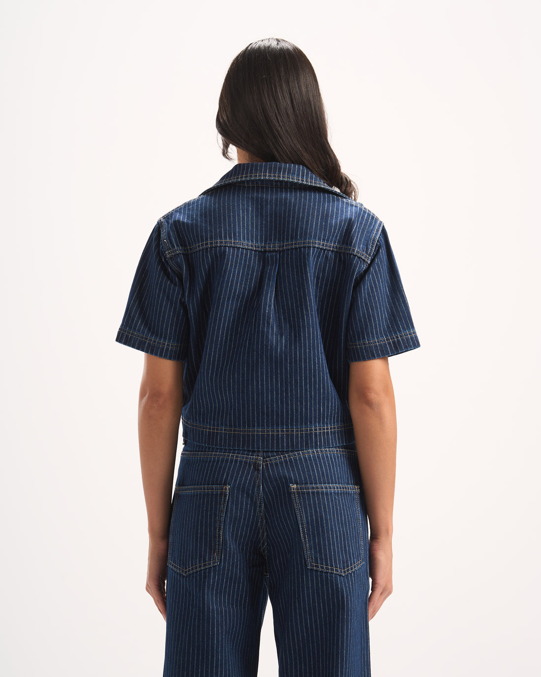 NAVY STRIPED DENIM POLO TOP