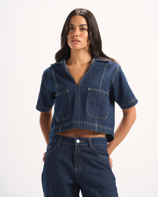 NAVY STRIPED DENIM POLO TOP