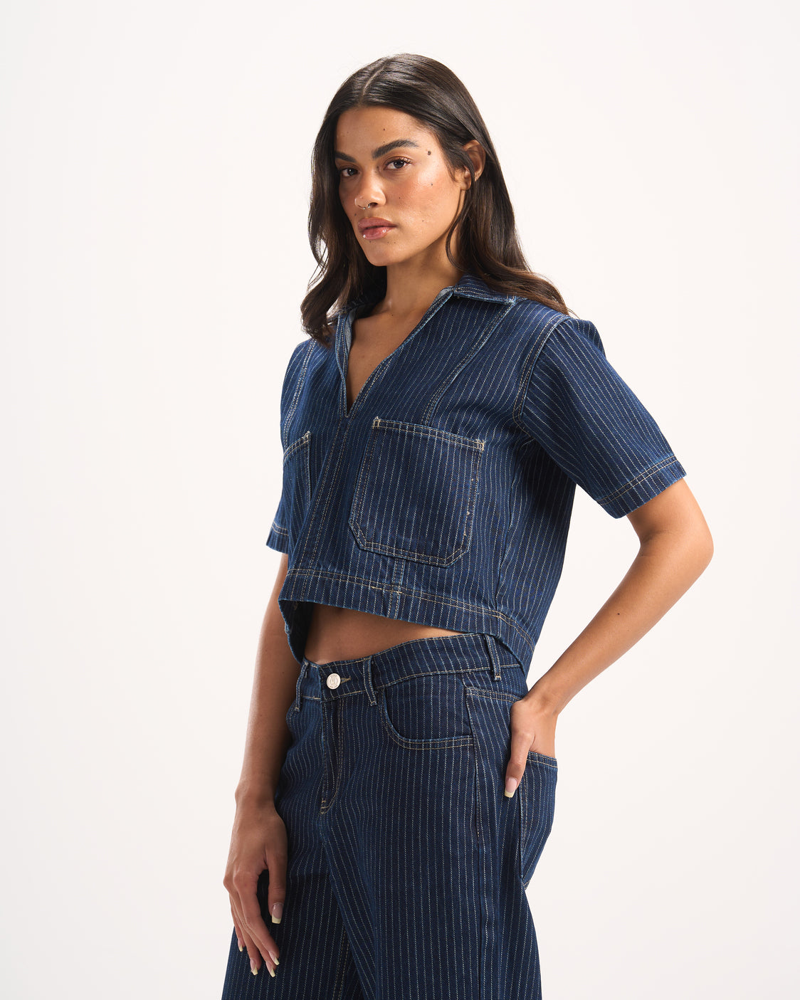 NAVY STRIPED DENIM POLO TOP