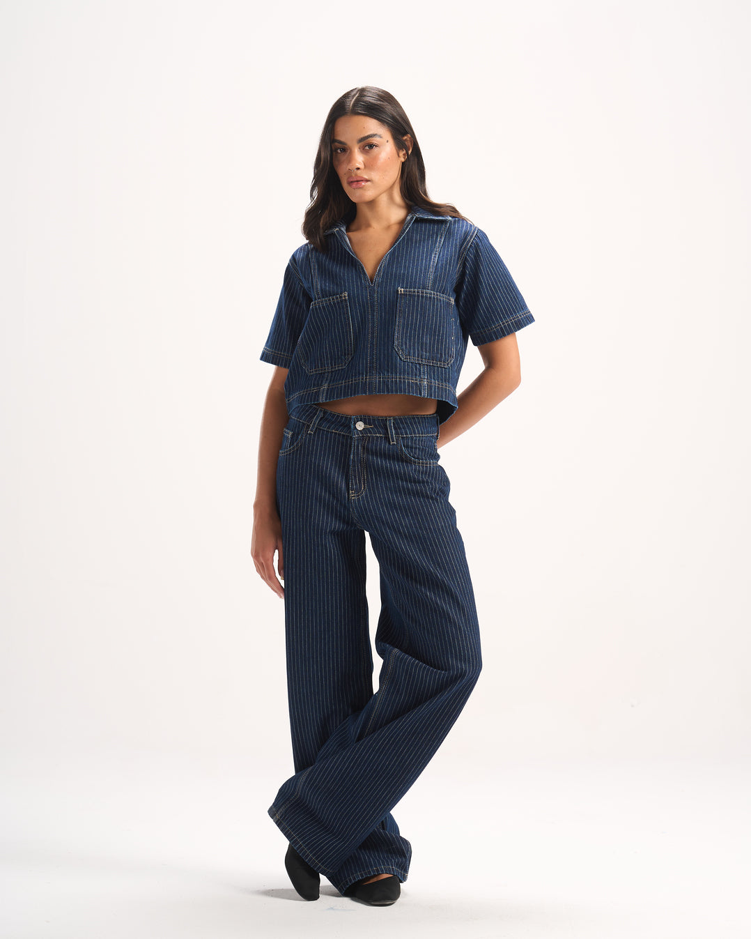 NAVY STRIPED DENIM POLO TOP
