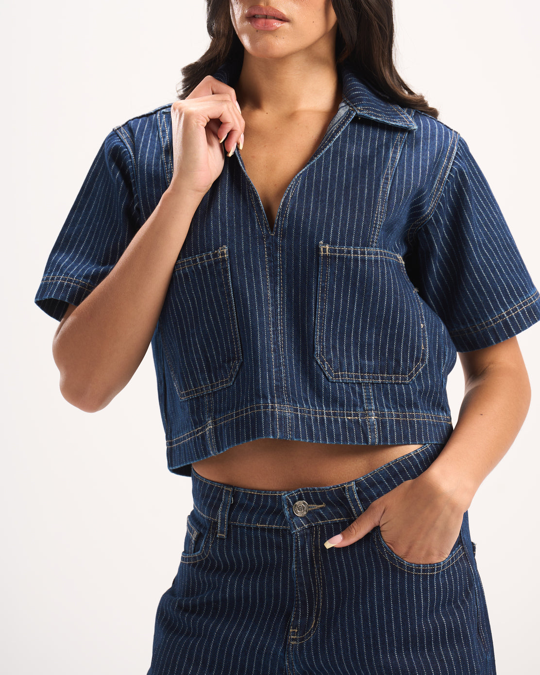 NAVY STRIPED DENIM POLO TOP