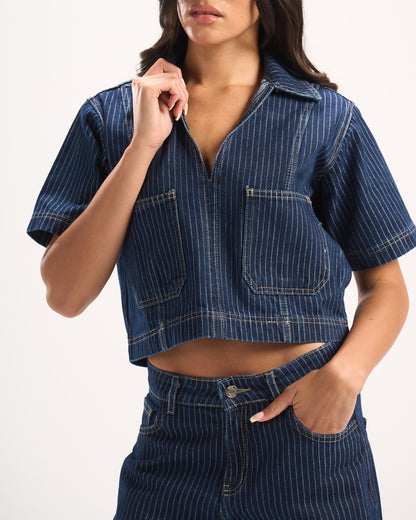NAVY STRIPED DENIM POLO TOP
