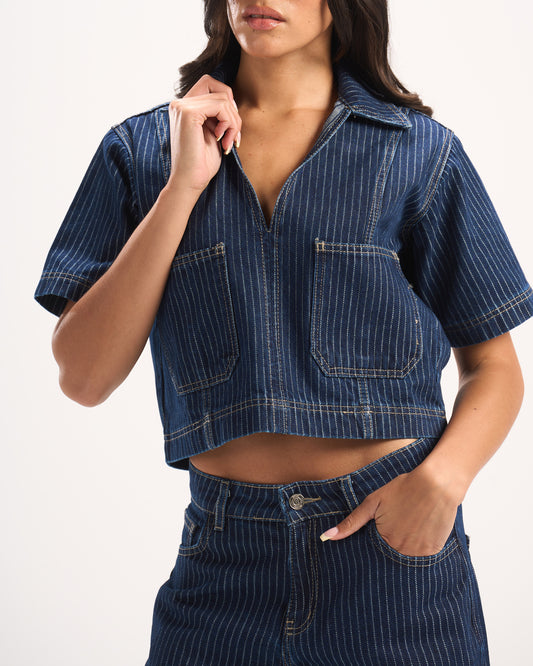 NAVY STRIPED DENIM POLO TOP