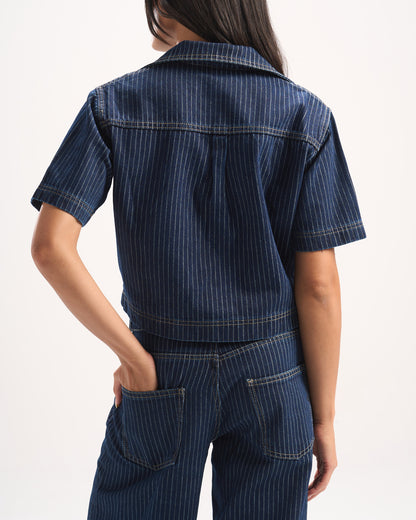 NAVY STRIPED DENIM POLO TOP