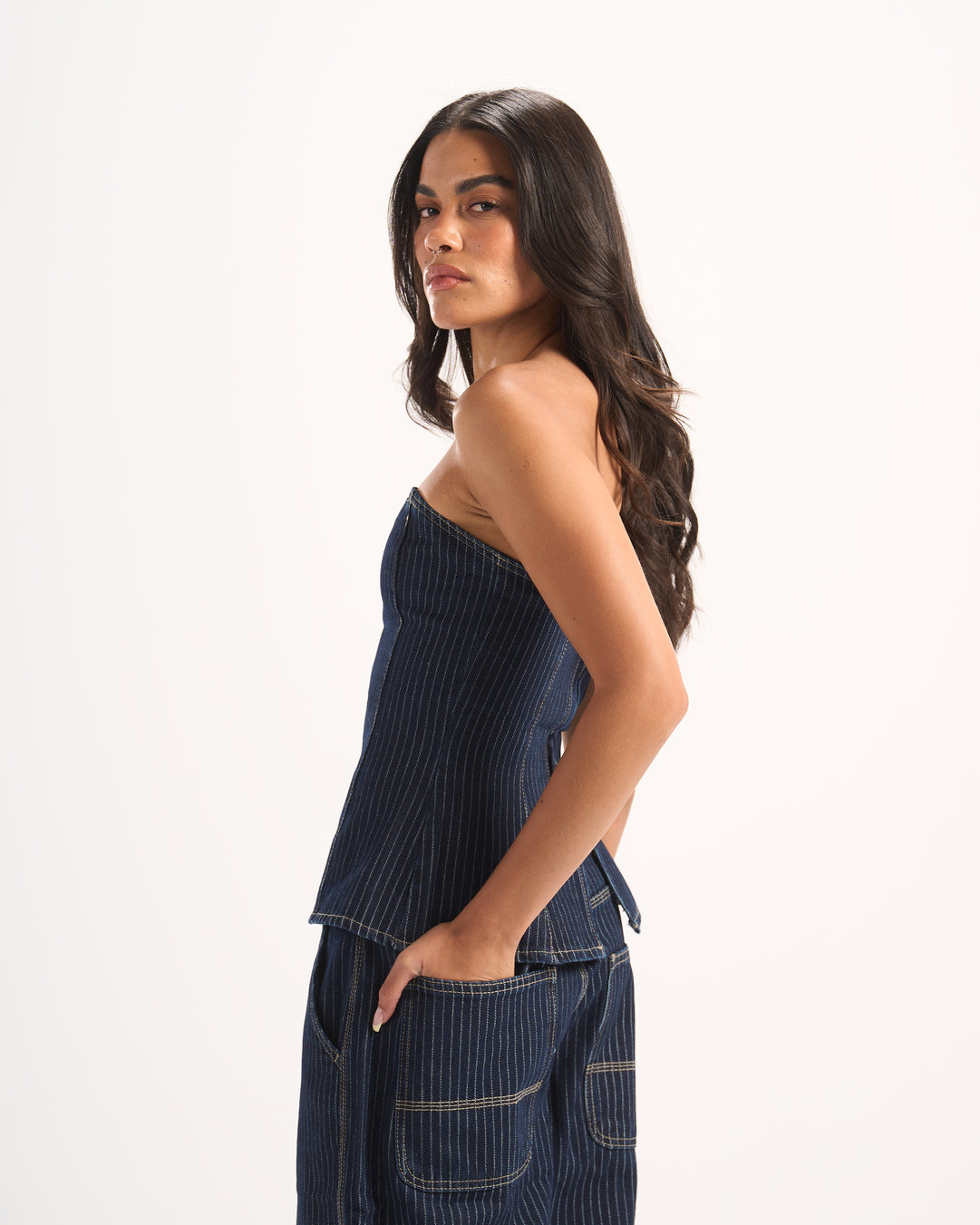 NAVY STRIPED DENIM CORSET