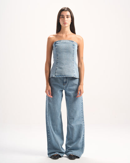LIGHT BLUE STRIPED DENIM CORSET