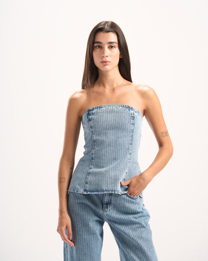 LIGHT BLUE STRIPED DENIM CORSET