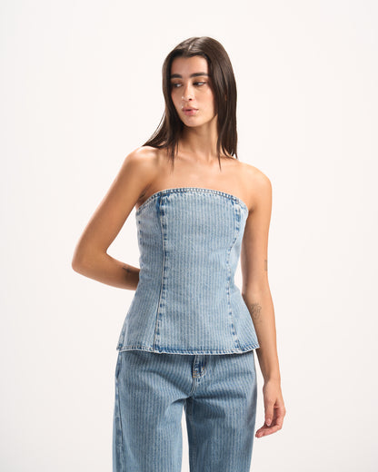 LIGHT BLUE STRIPED DENIM CORSET