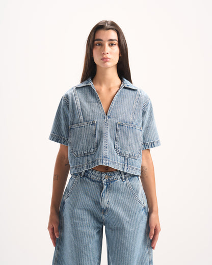 LIGHT BLUE STRIPED DENIM POLO TOP