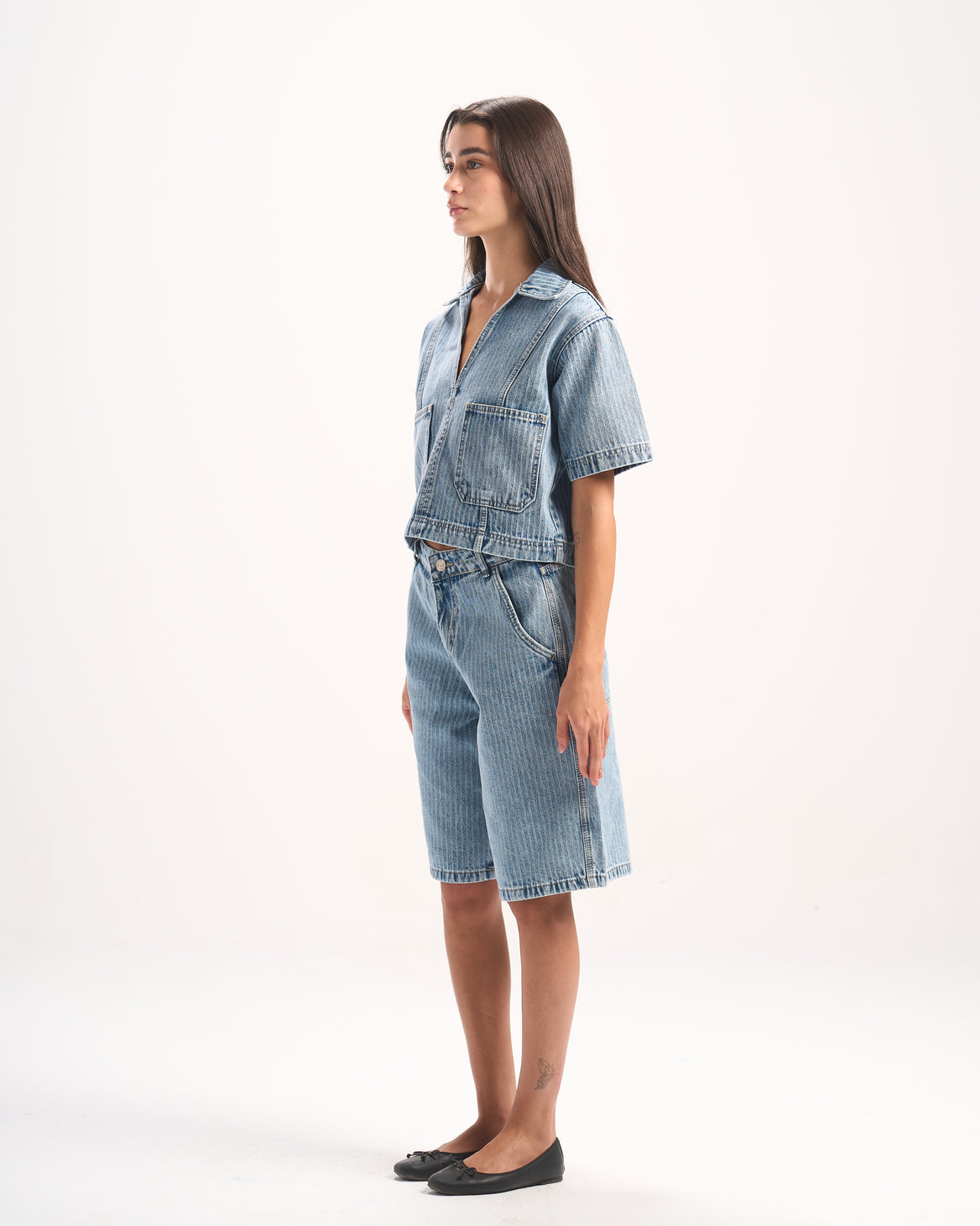 LIGHT BLUE STRIPED DENIM POLO TOP