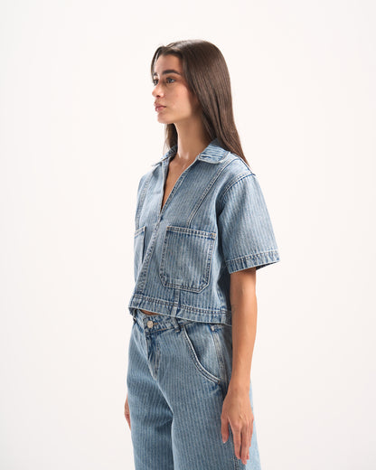 LIGHT BLUE STRIPED DENIM POLO TOP