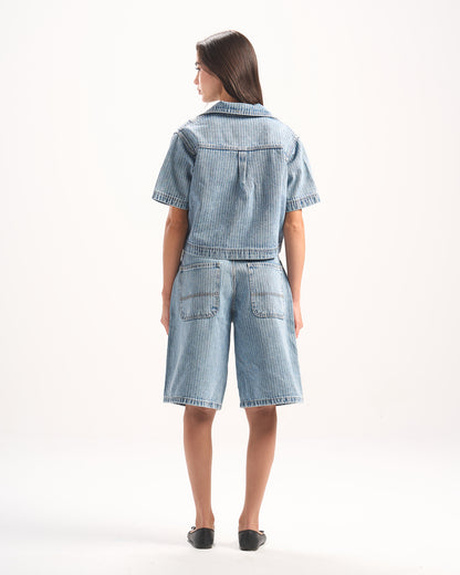 LIGHT BLUE STRIPED DENIM POLO TOP