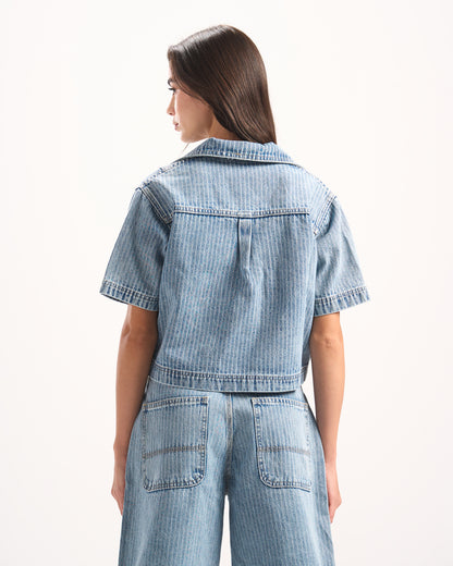 LIGHT BLUE STRIPED DENIM POLO TOP