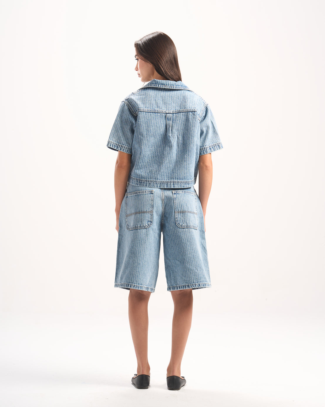 LIGHT BLUE STRIPED DENIM POLO TOP