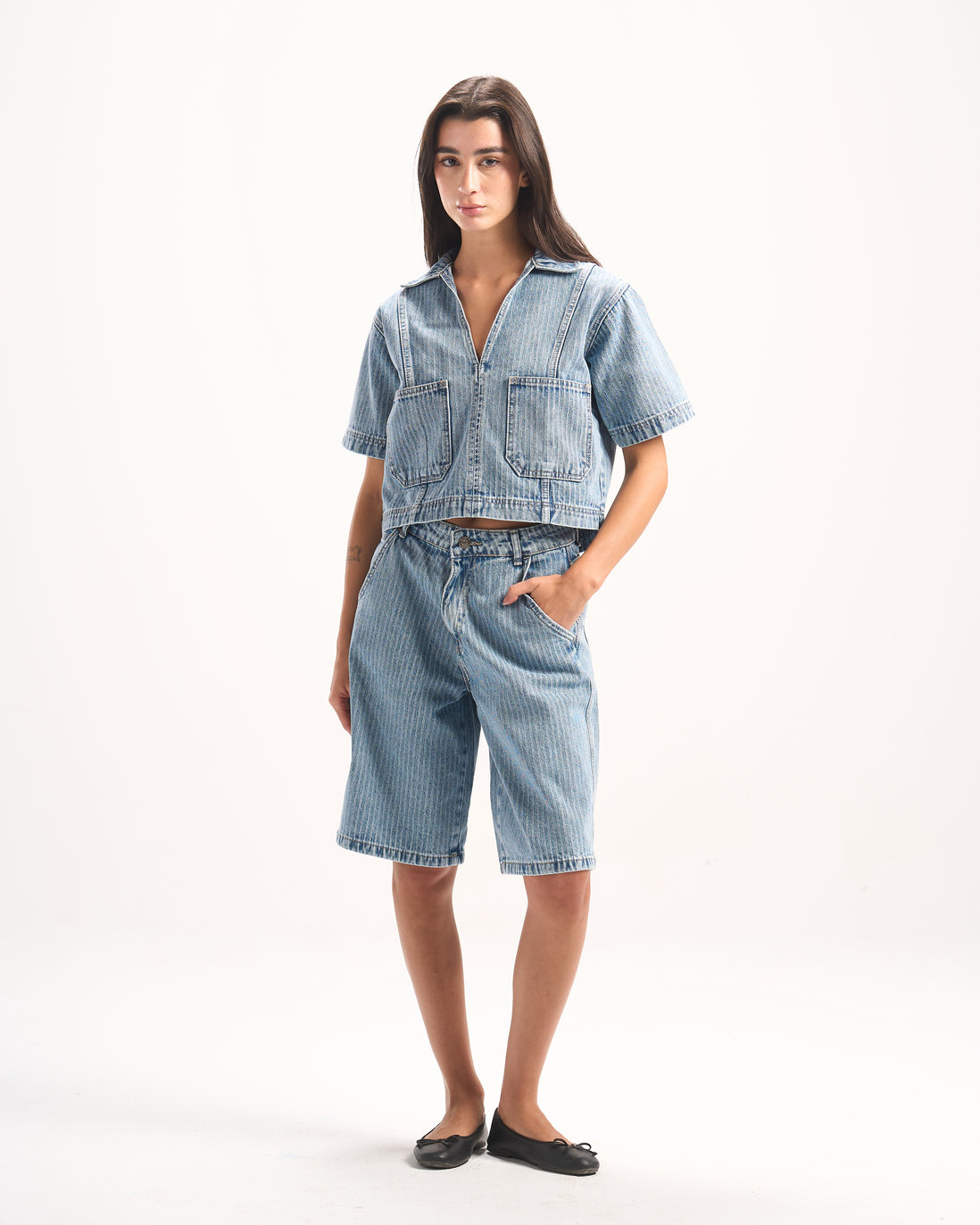 LIGHT BLUE STRIPED DENIM POLO TOP