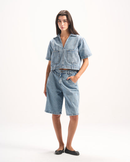 LIGHT BLUE STRIPED DENIM POLO TOP