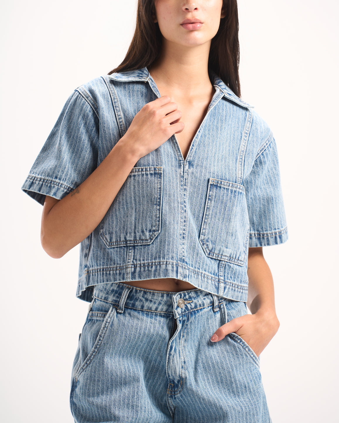 LIGHT BLUE STRIPED DENIM POLO TOP