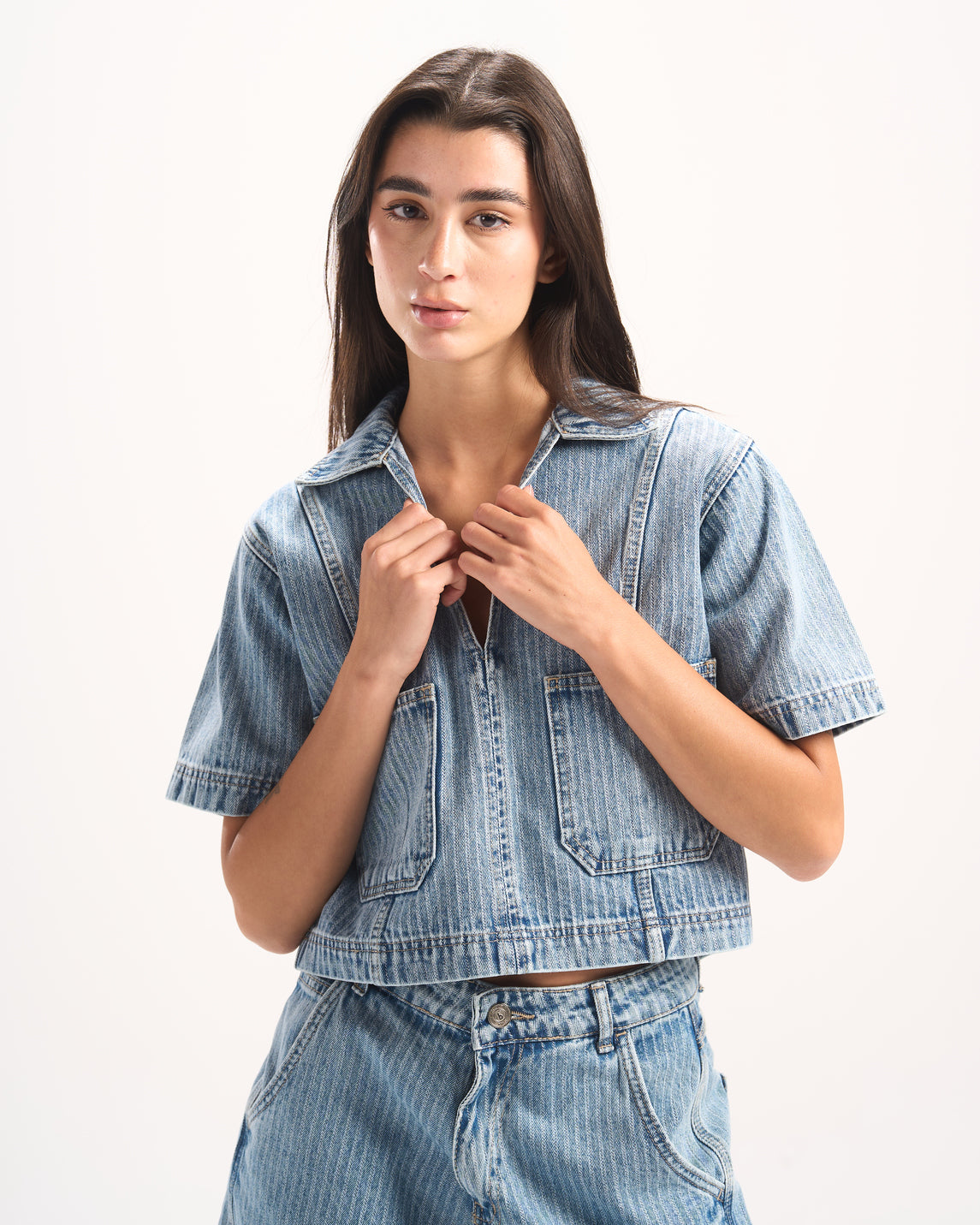 LIGHT BLUE STRIPED DENIM POLO TOP