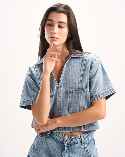 LIGHT BLUE STRIPED DENIM POLO TOP