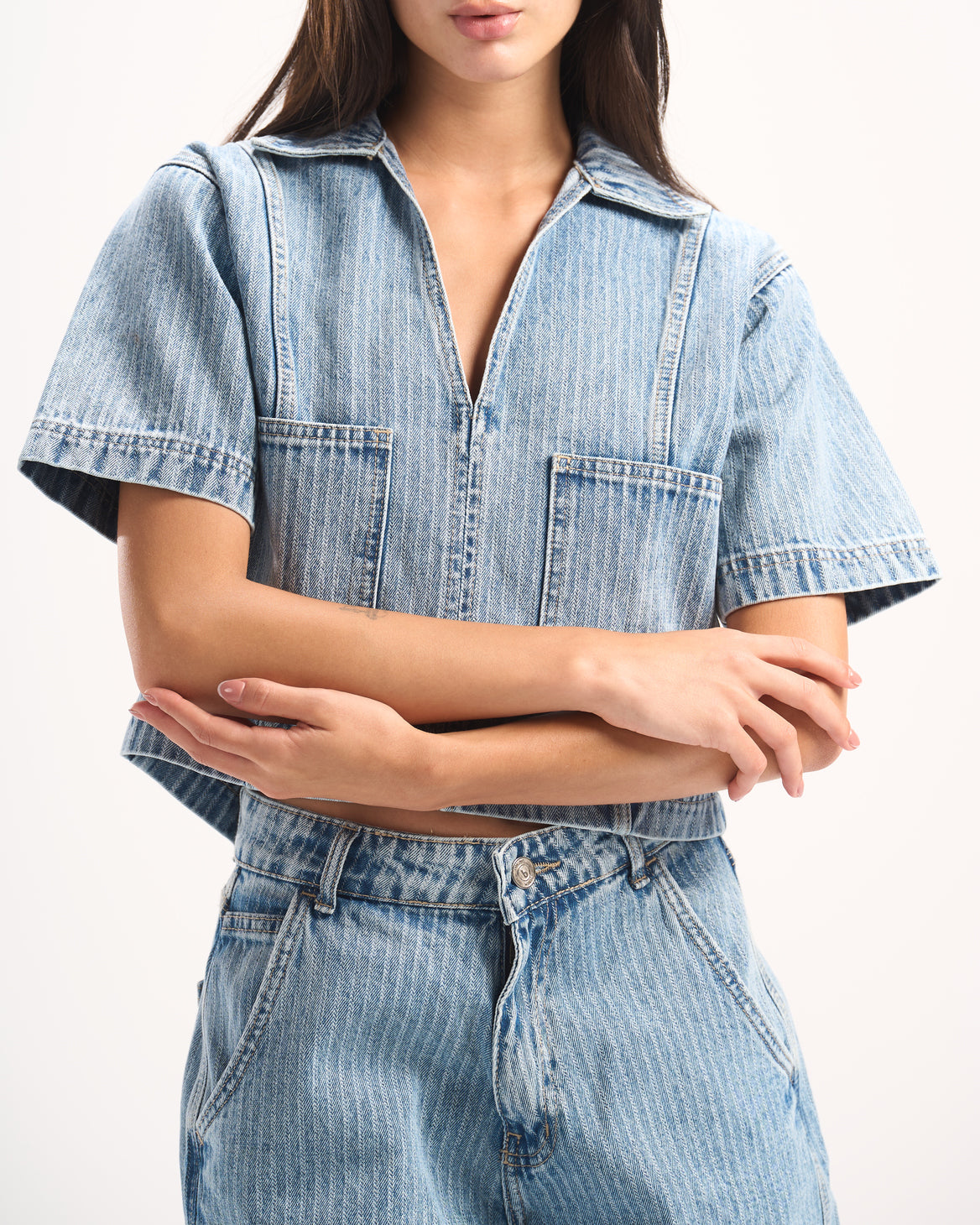 LIGHT BLUE STRIPED DENIM POLO TOP