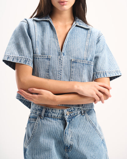 LIGHT BLUE STRIPED DENIM POLO TOP
