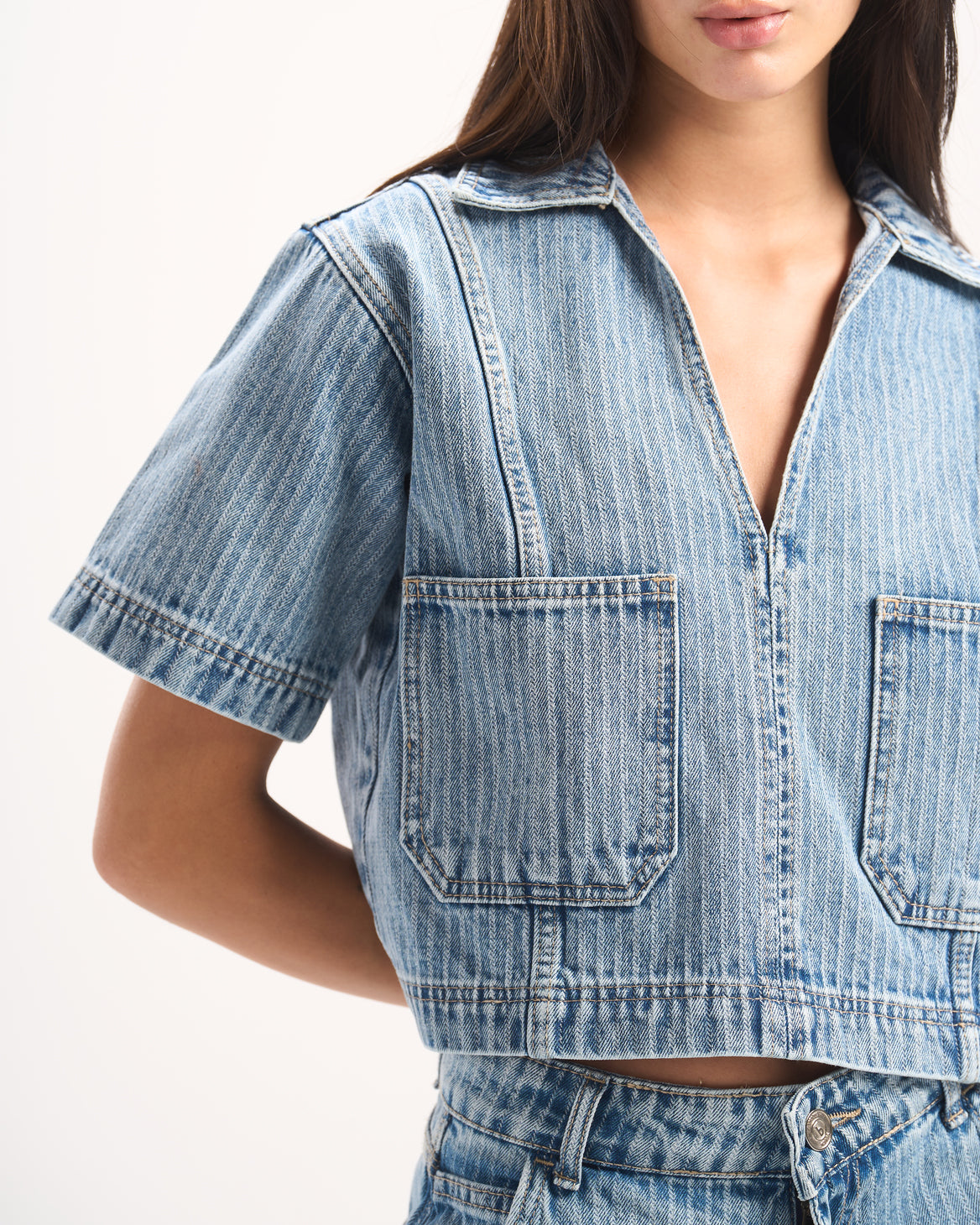 LIGHT BLUE STRIPED DENIM POLO TOP